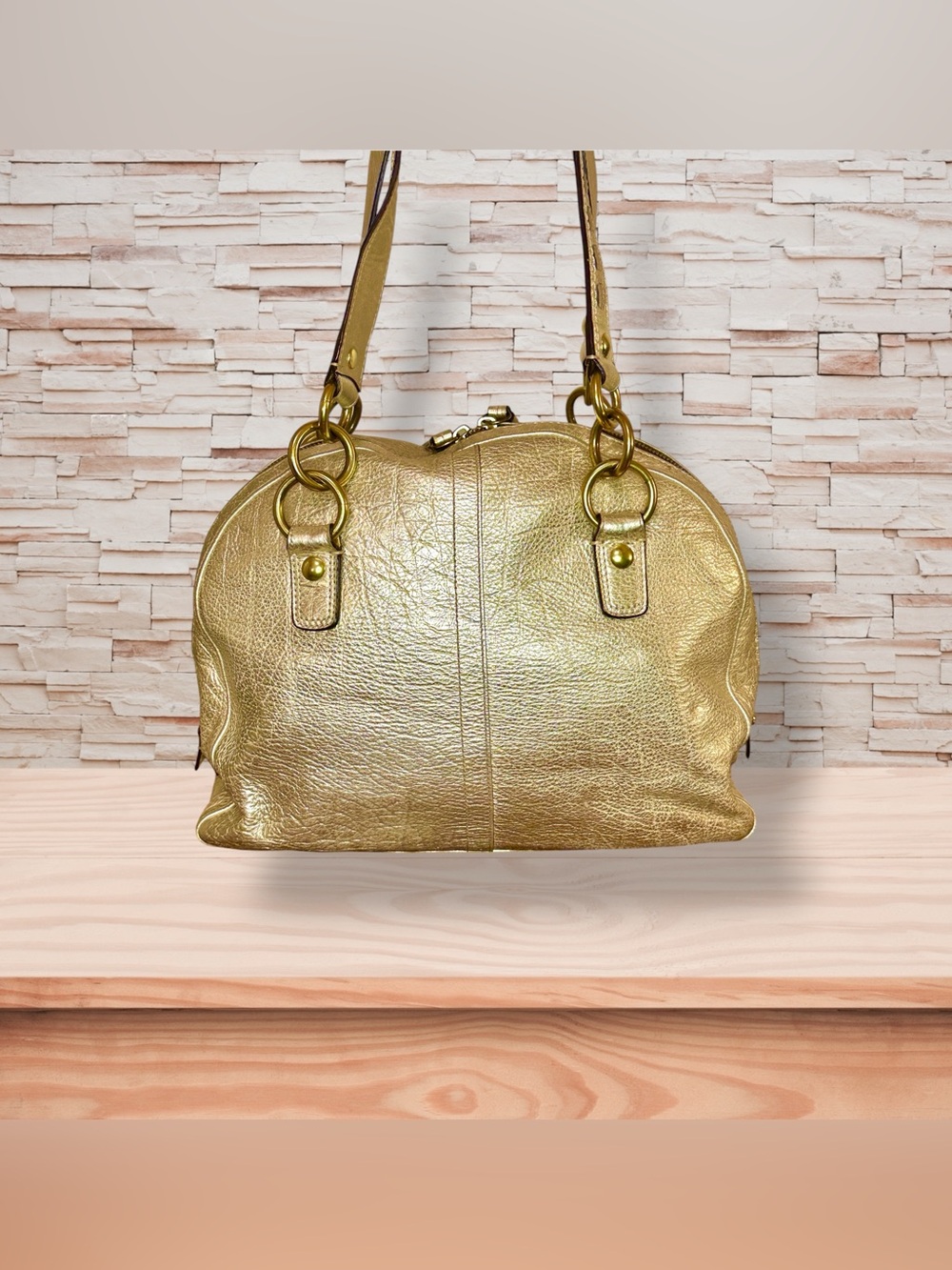 Coach Courtney Dome Metallic Gold Leather Shoulder Bag Whipstitch Buckle Pocket - Picture 3 of 8